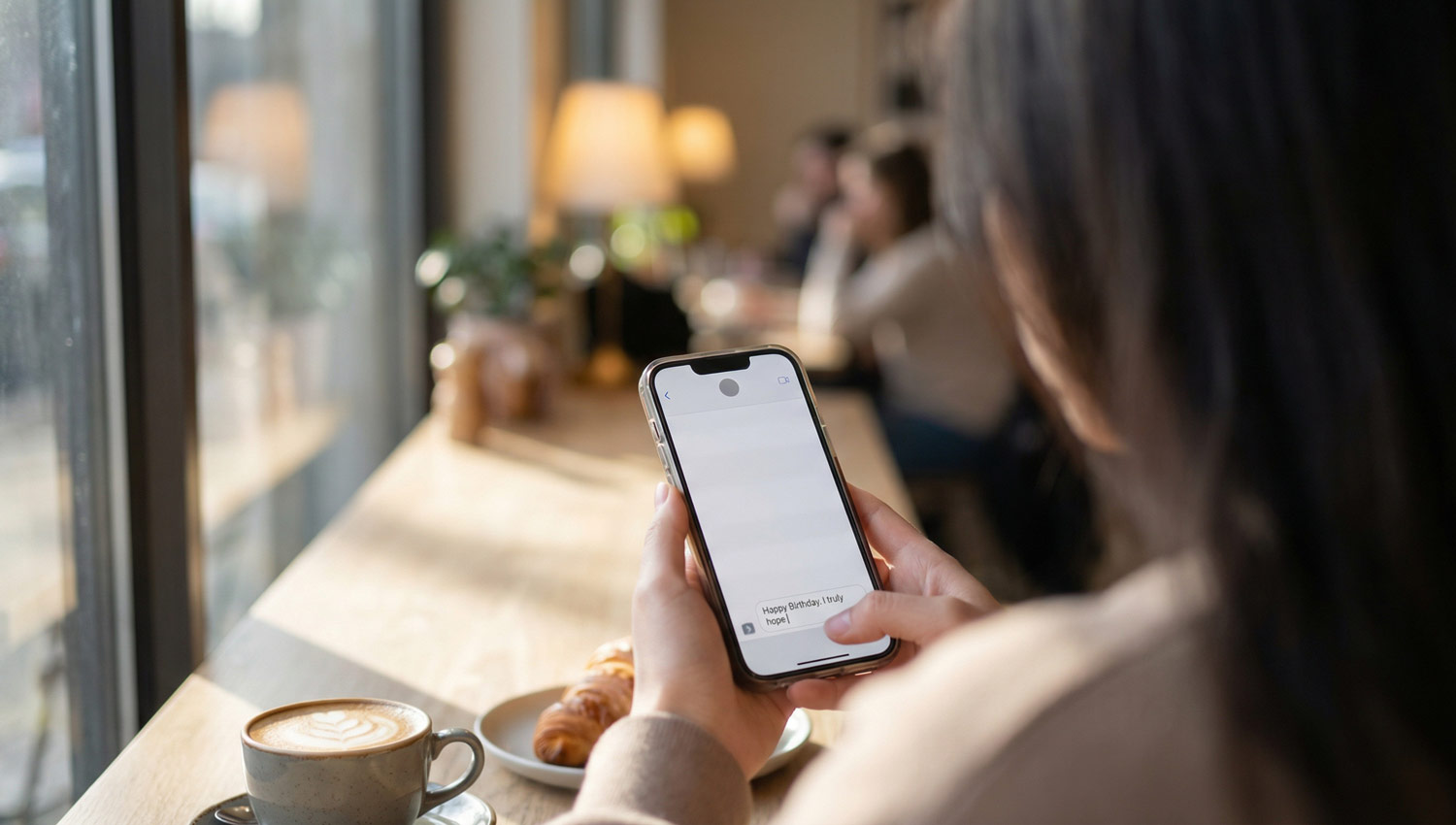 A person sitting quietly at a café table near a window during soft afternoon light, holding a phone while thoughtfully typing a short birthday message, calm neutral color palette, gentle sunlight casting natural shadows, warm emotional mood, shallow depth of field, cinematic lifestyle photography, ultra-realistic 50mm lens portrait style.