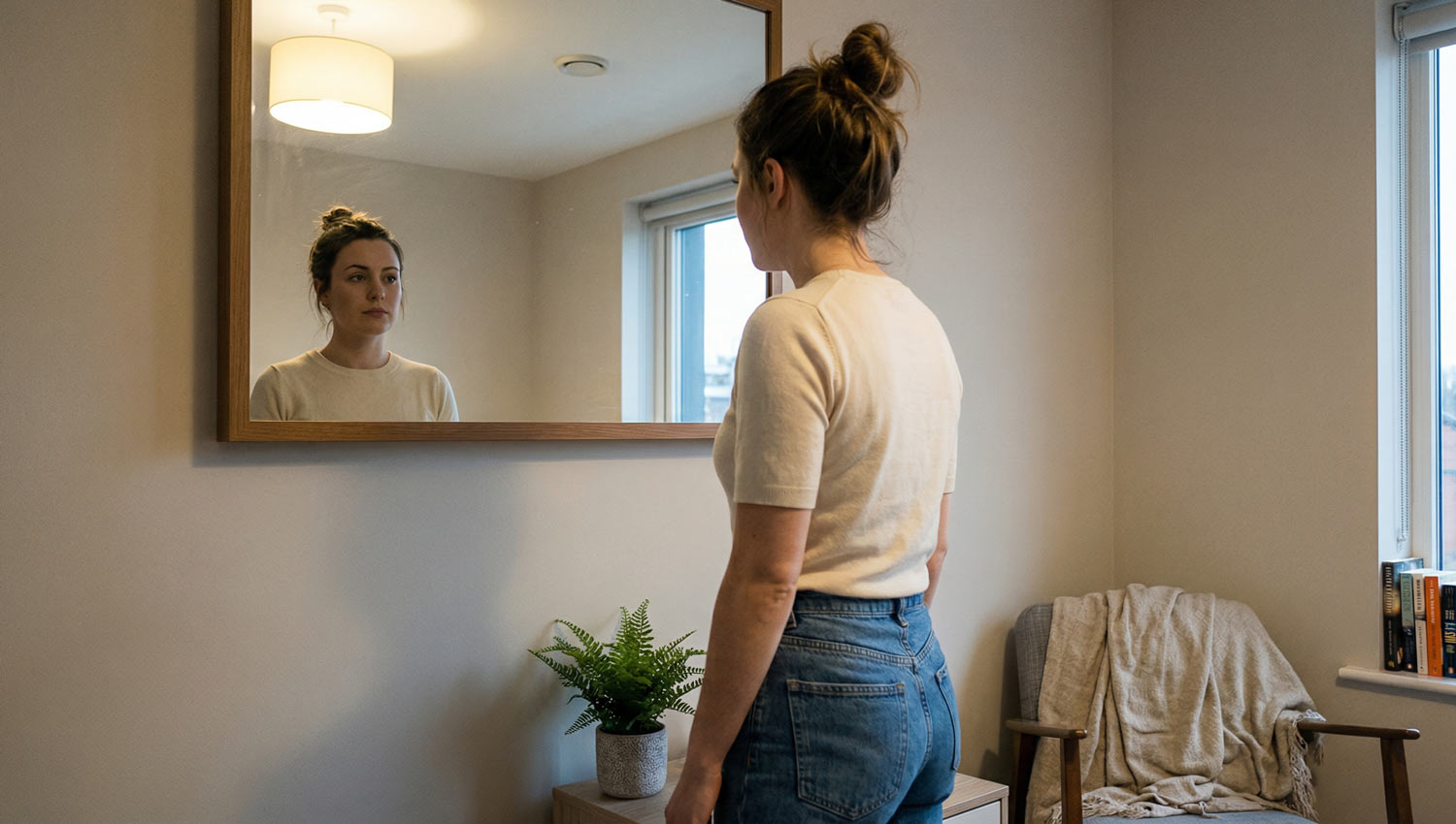 A realistic photo of a person standing in front of a mirror, partially reflected, wearing casual everyday clothes, expression thoughtful rather than emotional. The room feels lived-in but simple. Soft indoor lighting, modern apartment, slightly off-center framing, natural imperfections, subtle sense of mismatch or pause.