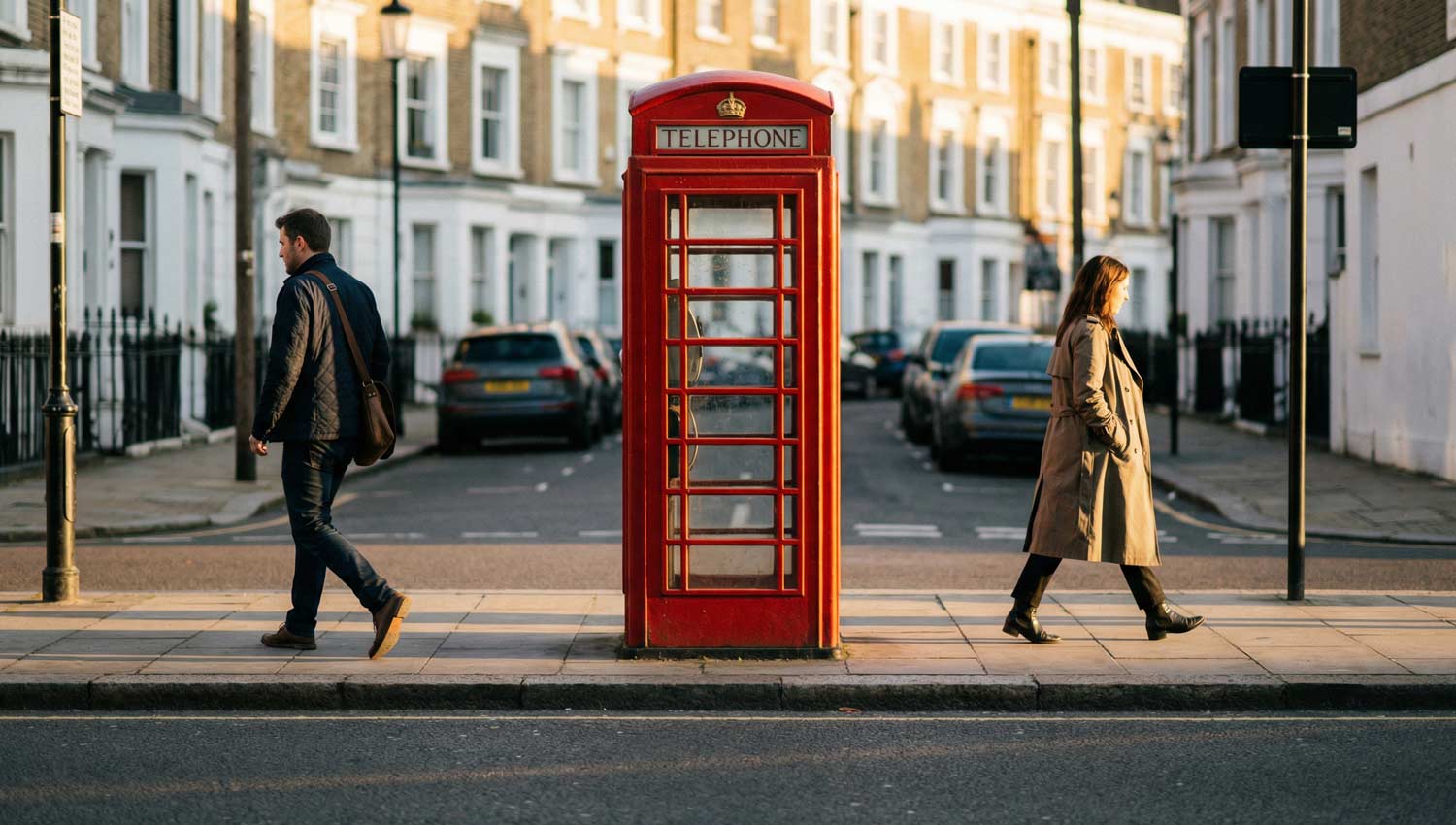 Two people walking in opposite directions along a quiet city sidewalk at sunset, both slightly out of focus from a distance, warm golden hour lighting, symbolic emotional distance yet peaceful atmosphere, cinematic composition, urban lifestyle realism, natural candid photography style.