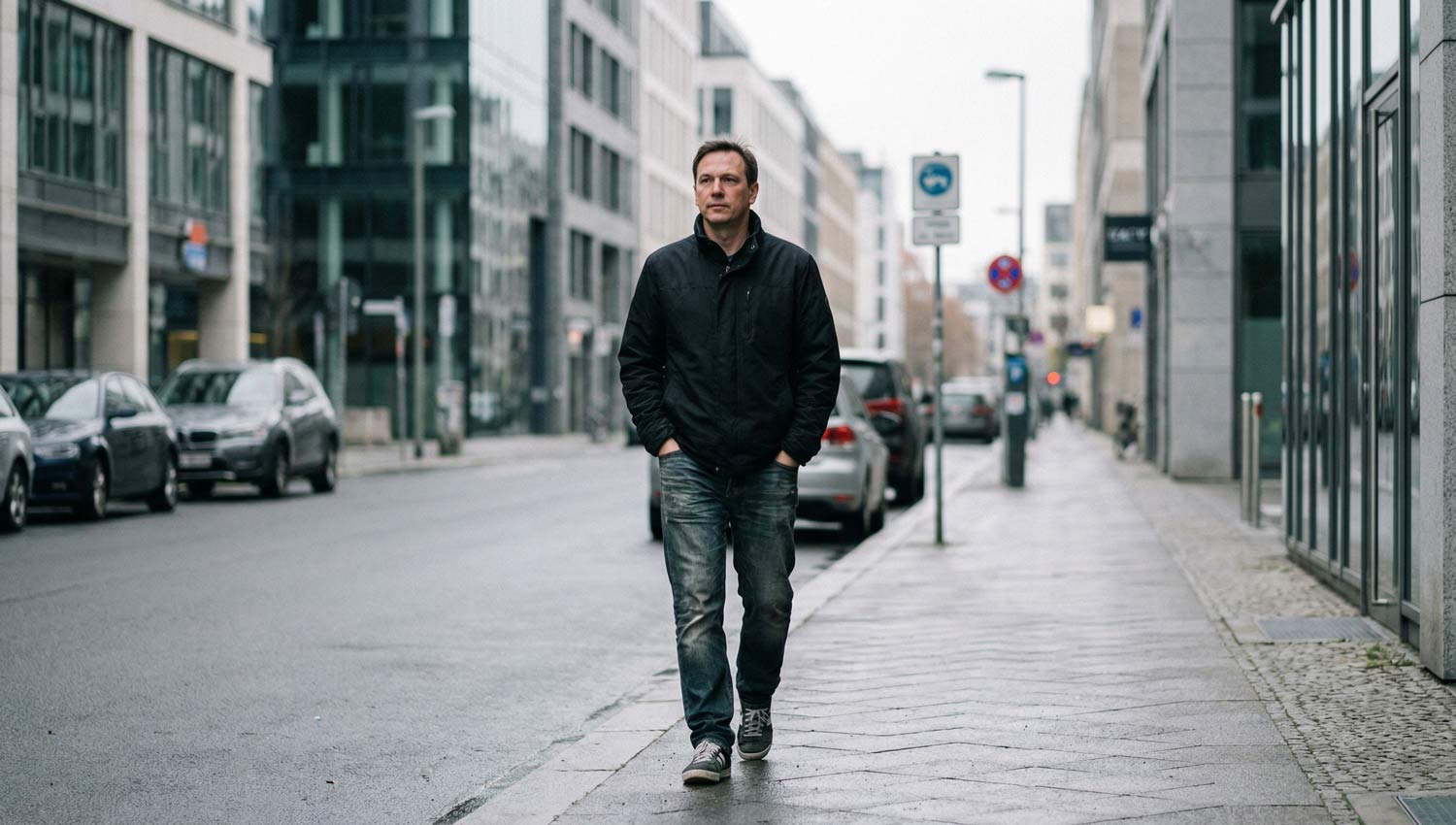 A candid, realistic image of an adult walking alone on a quiet city street in the late afternoon, hands in pockets, neutral posture, urban background slightly out of focus. No crowds, no celebration. Overcast light, calm atmosphere, modern city setting, documentary photography style.