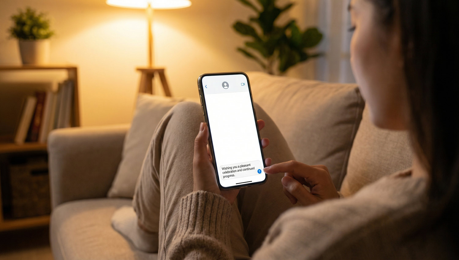 A single person sitting comfortably on a sofa at night with a soft lamp glow, gently sending a birthday message on their phone without urgency, calm cozy apartment interior, warm ambient lighting, minimal decor, emotionally reflective mood, photorealistic cinematic interior lifestyle photography.