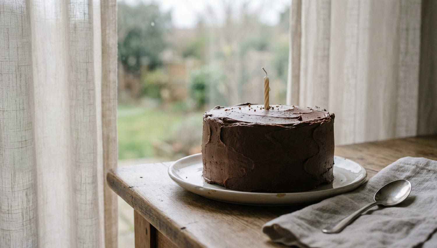 A realistic photograph of a small, unlit birthday cake sitting on a table near a window, daylight coming in softly, no people visible. The scene feels calm and reflective rather than festive. Minimal props, muted colors, natural shadows, understated realism.