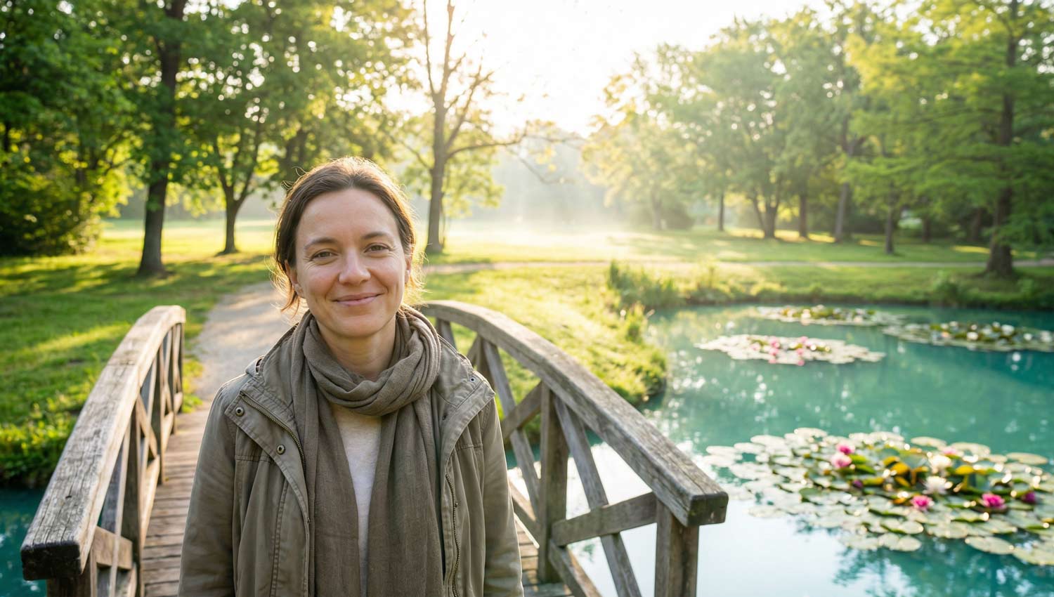 A symbolic scene of a small pedestrian bridge in a quiet park during early morning mist, one person standing at the beginning of the bridge looking peacefully forward, soft sunrise light, reflective water below, cinematic peaceful atmosphere, ultra-realistic landscape photography with emotional storytelling.