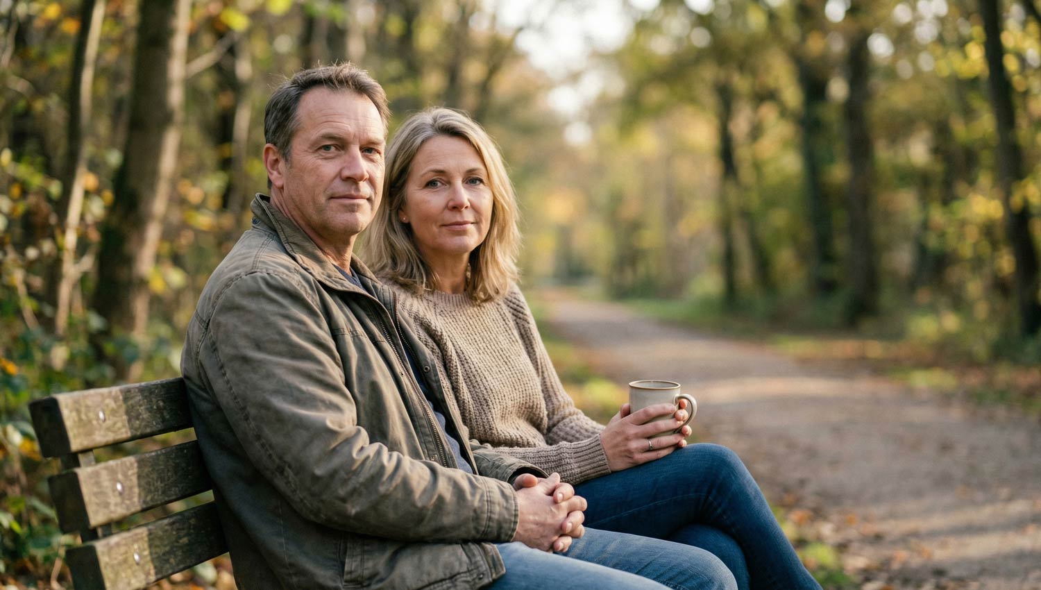 Two people sitting side by side on a park bench or café patio, facing forward rather than each other. No phones in hand. Subtle body language suggesting ease and comfort. Background softly blurred. The moment feels unrecorded and genuine. Documentary-style realism, warm but restrained color grading.