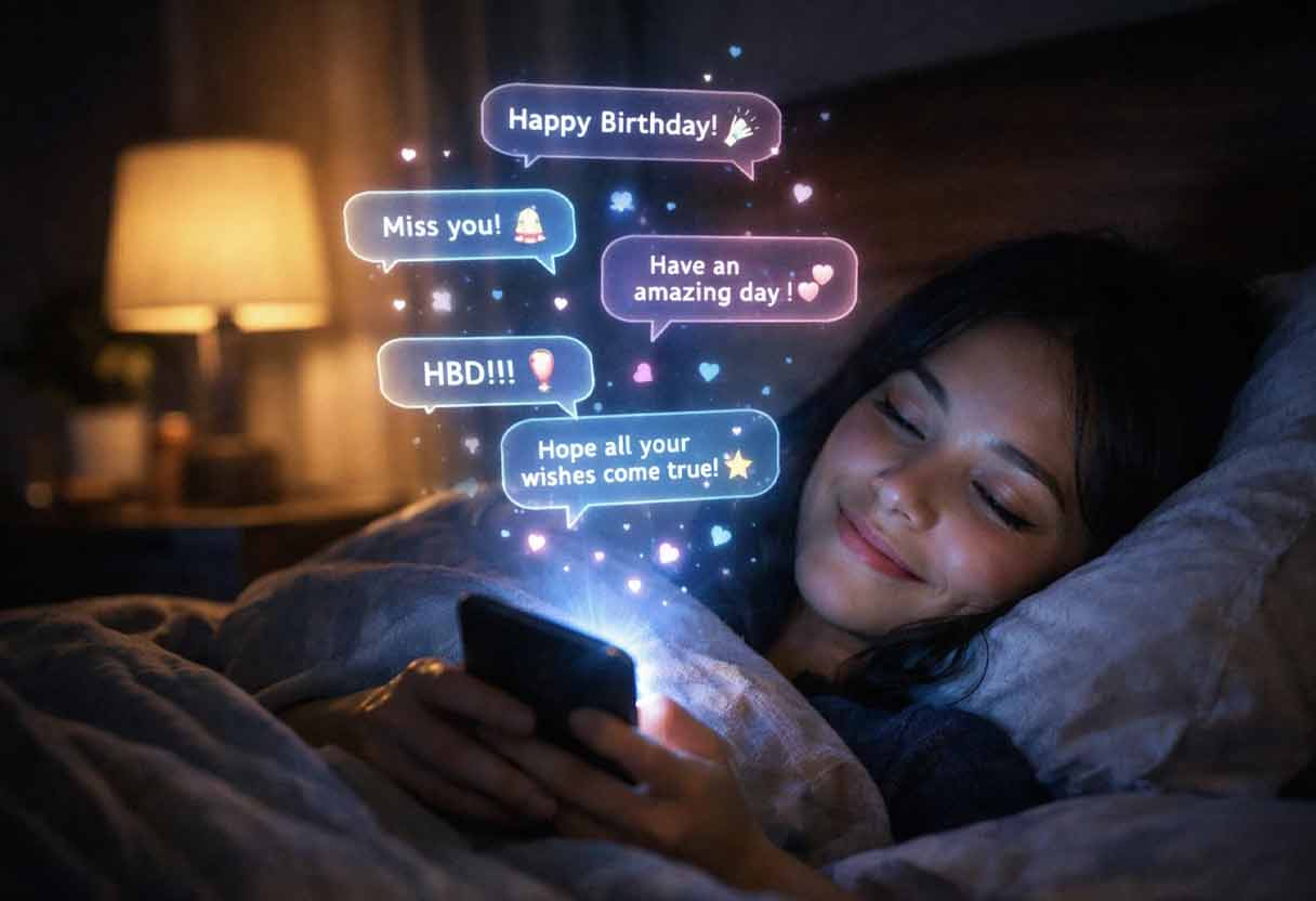 Birthday messages glowing as holograms above phone in dark bedroom
