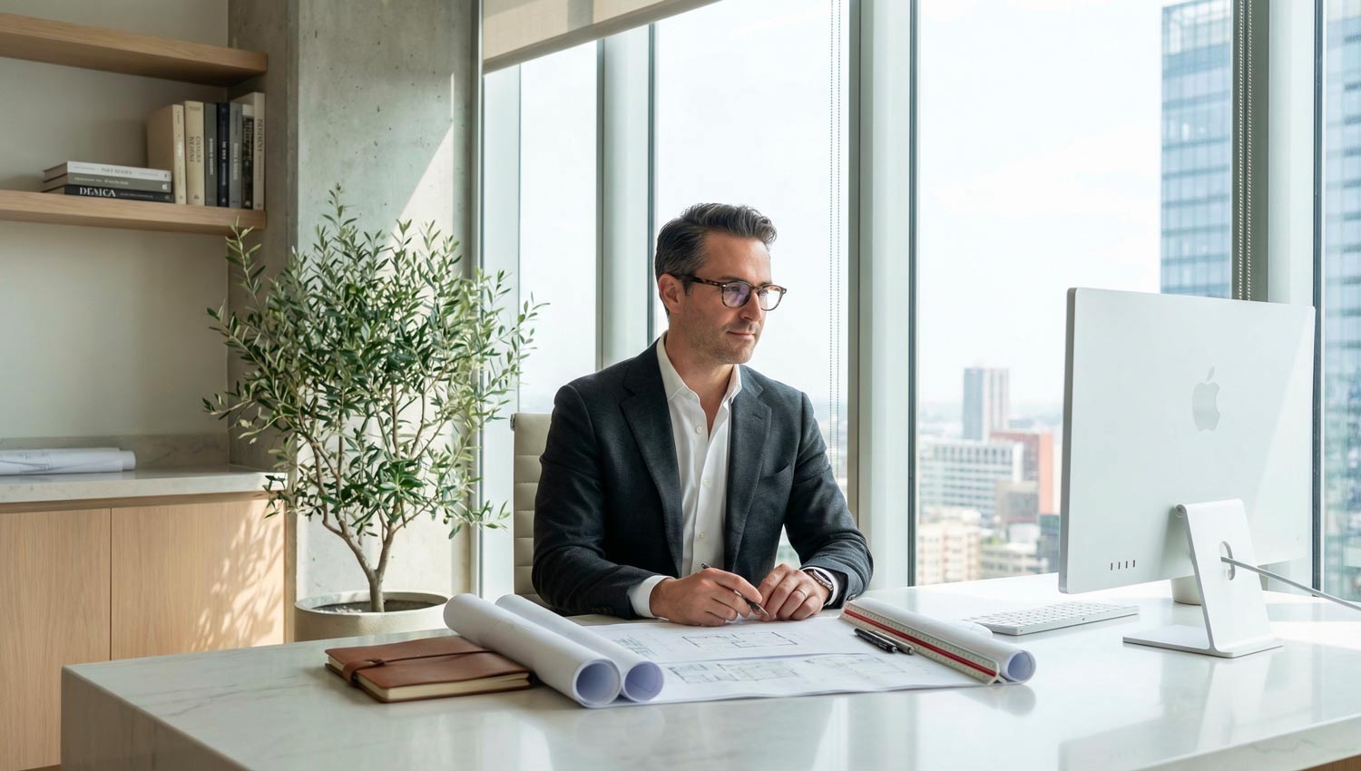 A realistic modern interior scene showing a person working peacefully at a clean desk near a large window. Warm natural light fills the space, highlighting a calm expression of satisfaction and quiet achievement. A small plant growing beside them symbolizes steady progress.
