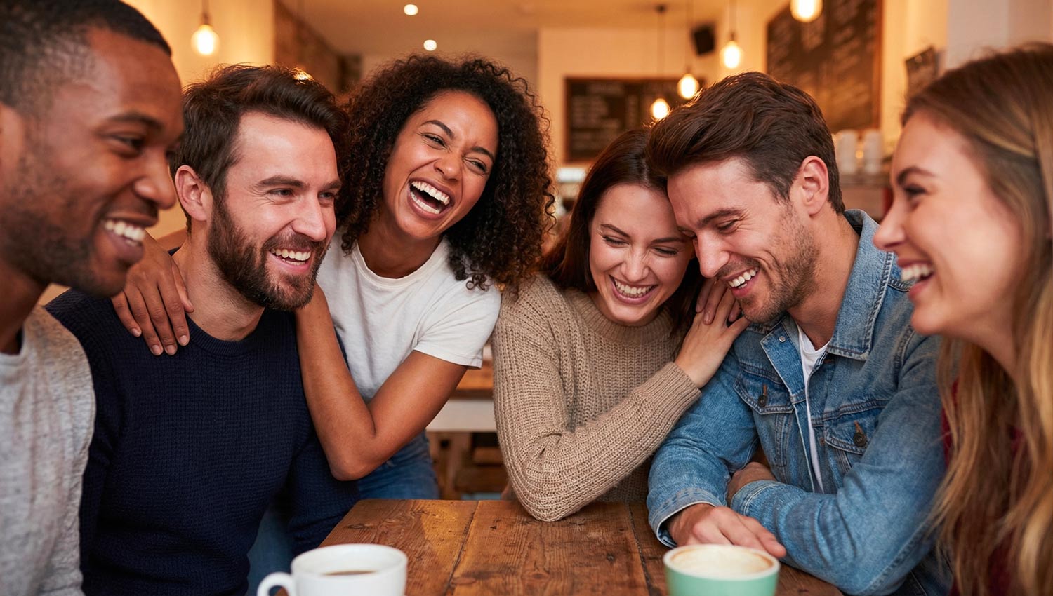 A highly realistic emotional scene capturing a group of friends sharing genuine laughter around a cozy table with warm ambient lighting. Expressions feel natural and unposed, emphasizing deep connection and meaningful moments.