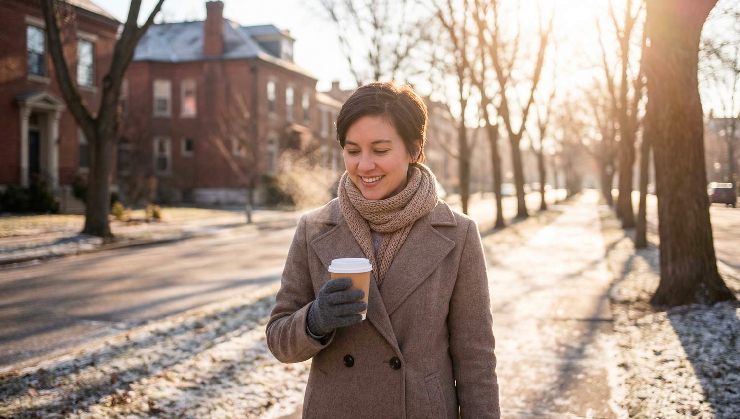 A realistic lifestyle scene of a person walking through soft golden sunlight with a genuine smile, surrounded by a calm and peaceful environment. The atmosphere feels light, joyful, and effortless.