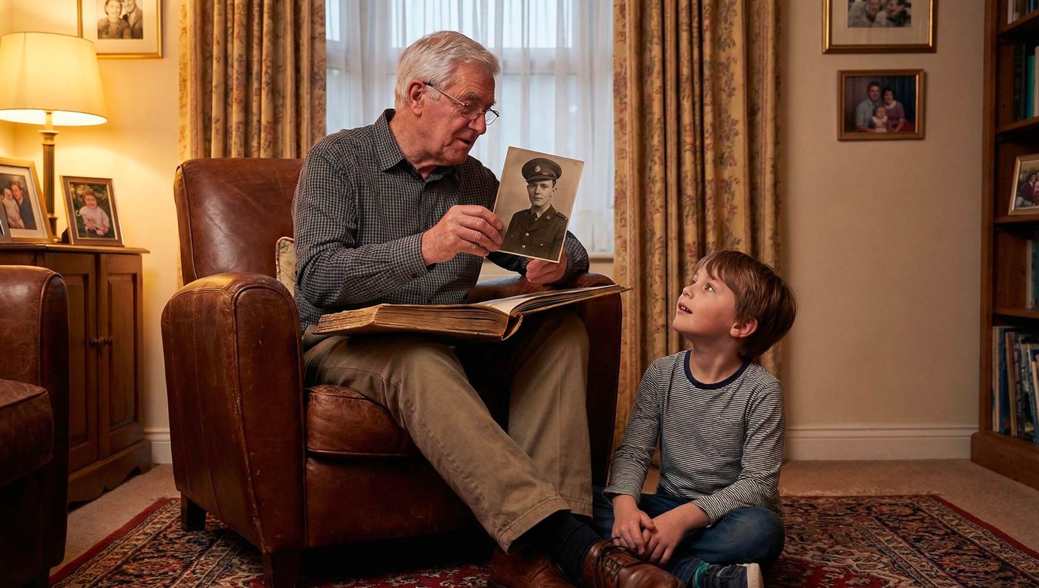 A heartfelt family moment at home, showing an older family member sitting comfortably while a younger person looks at them with admiration. Soft warm lighting fills the room, with subtle details like framed photos, a cozy sofa, and evening light coming through curtains. The atmosphere feels emotional, calm, and deeply respectful. Photorealistic, cinematic lighting, intimate composition, no text, no logos.