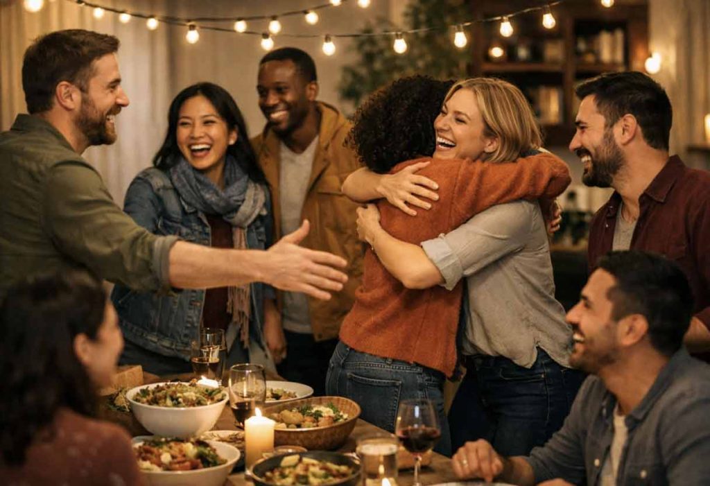 Friends hugging and greeting around food-filled dinner table under warm lights