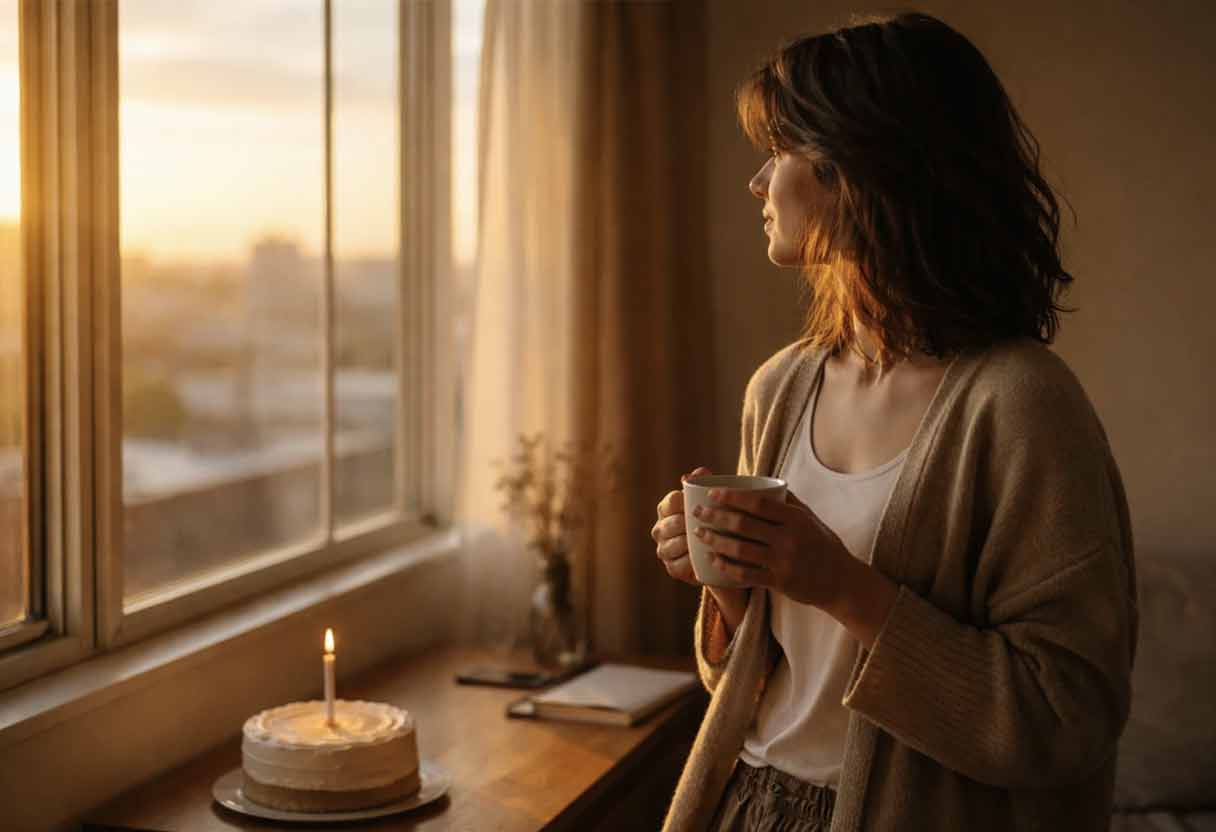 Person holding coffee by sunrise window with small birthday cake behind them