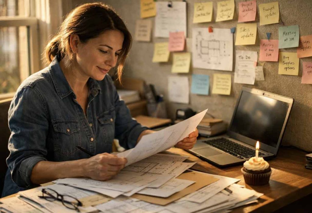 Organizing plans at desk with sticky notes and birthday cupcake beside laptop