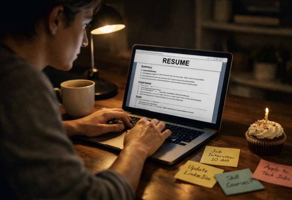 Working late on resume with coffee and untouched birthday cupcake nearby