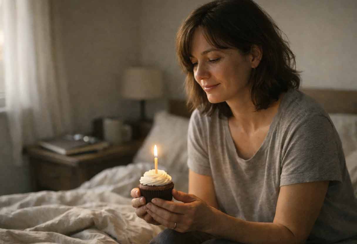 Holding small birthday cupcake with candle in softly lit morning bedroom
