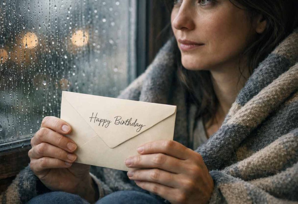 Holding unopened birthday envelope by rainy window with reflective expression