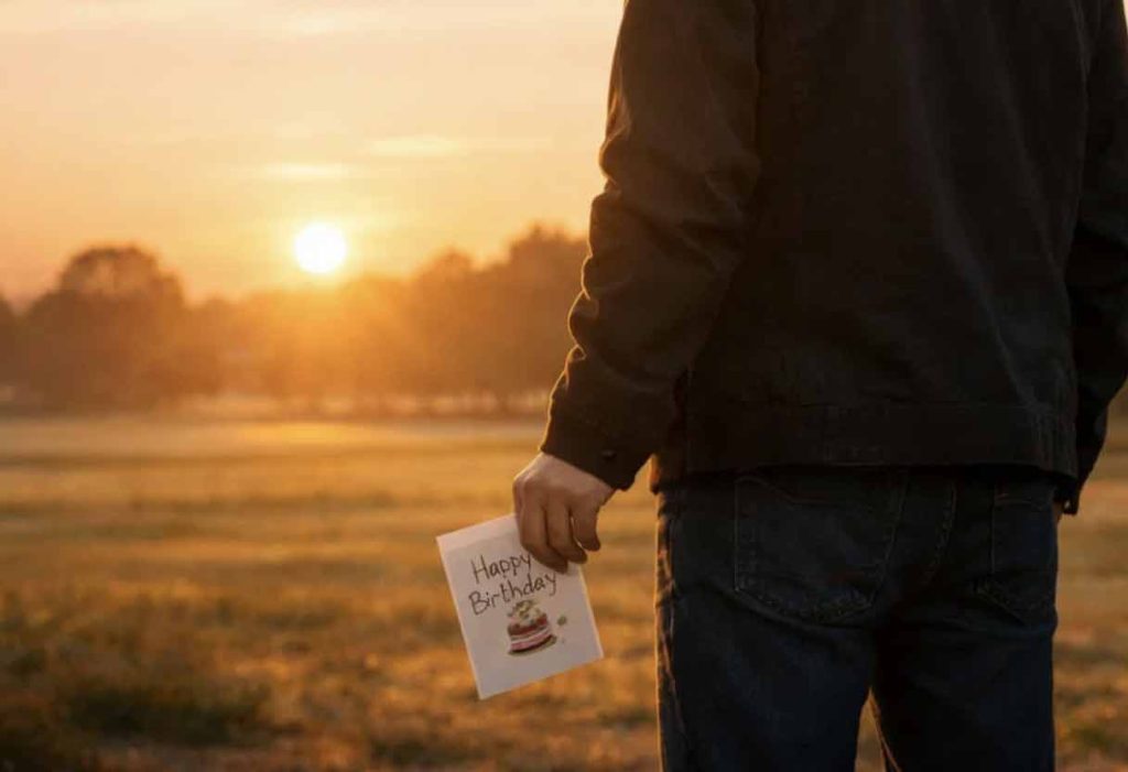 Holding birthday card while facing sunrise in quiet golden hour park