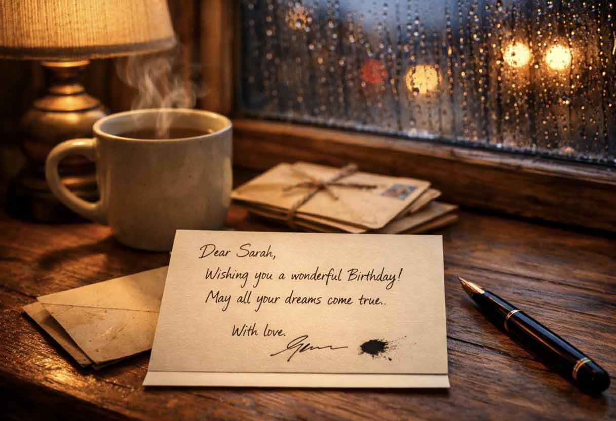 Handwritten birthday card on cozy desk by rainy window in warm lamplight