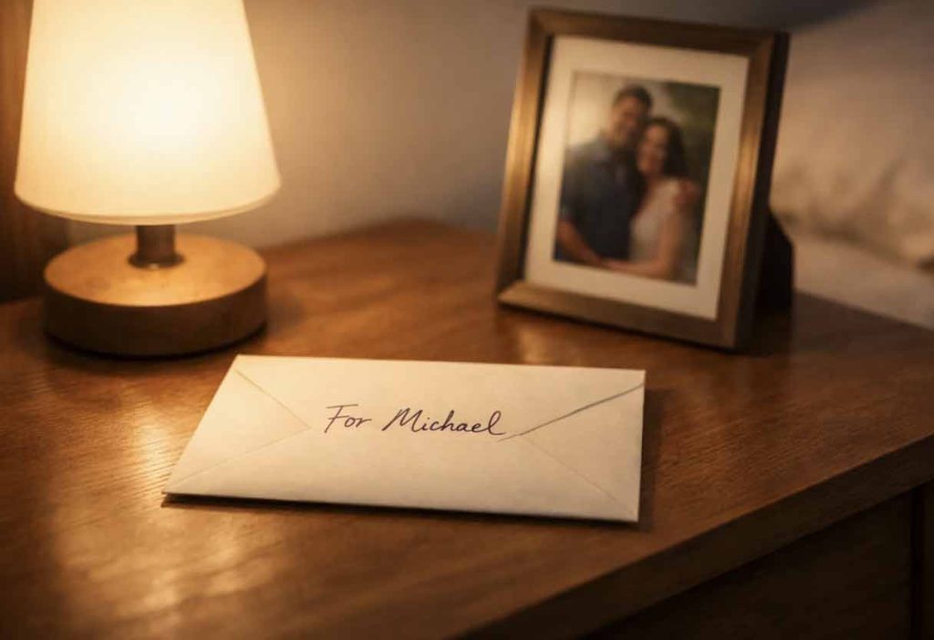 Sealed birthday envelope with handwritten name on softly lit bedside table