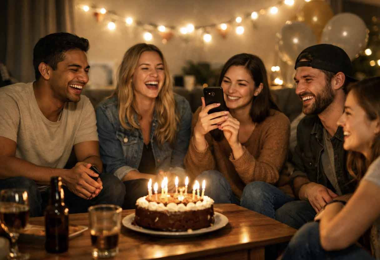 Friends gathered around birthday cake laughing in cozy decorated living room