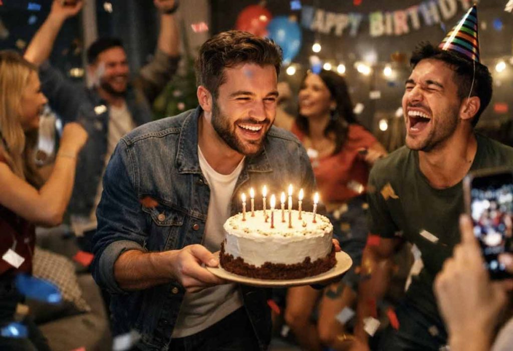 Friends dancing and laughing with cake and confetti at lively birthday party