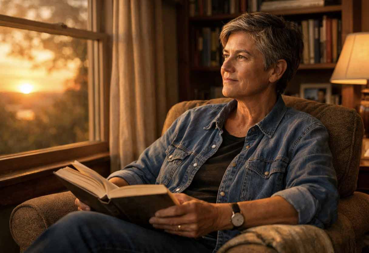 Thoughtful person reading by sunset window in cozy book-filled room