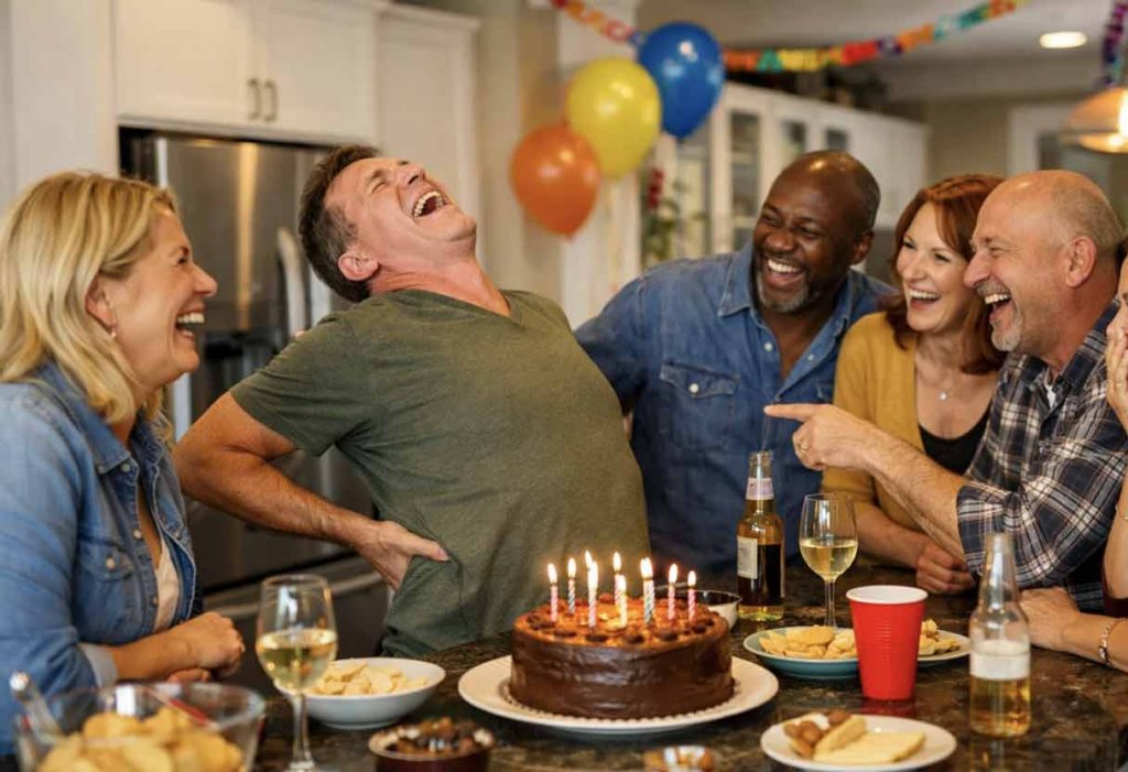 Friends laughing around kitchen island during playful adult birthday celebration