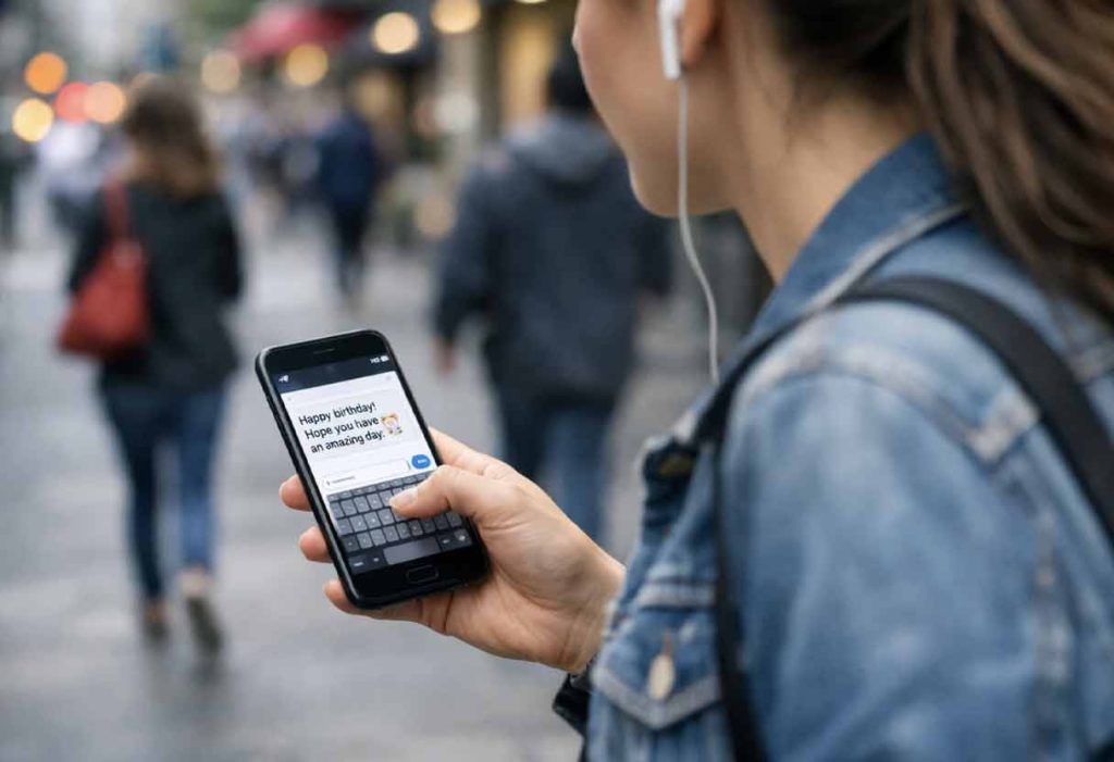 Sending a quick birthday text while walking busy city sidewalk with earbuds in
