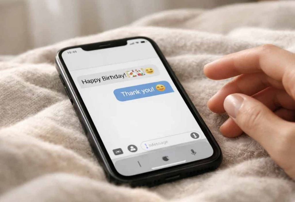 Birthday text conversation on phone resting on cozy blanket in soft light