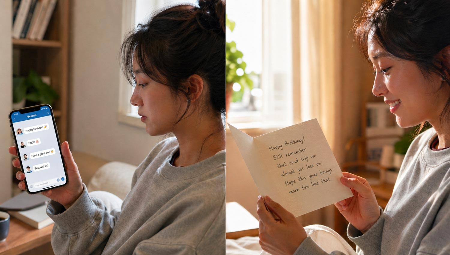 A split-scene composition: on one side, a person scrolling through generic birthday messages on a smartphone with a neutral, slightly disappointed expression; on the other side, an old handwritten birthday letter with visible ink texture and emotional warmth. Soft natural lighting, realistic textures, emotional storytelling, high detail, documentary-style photography.
