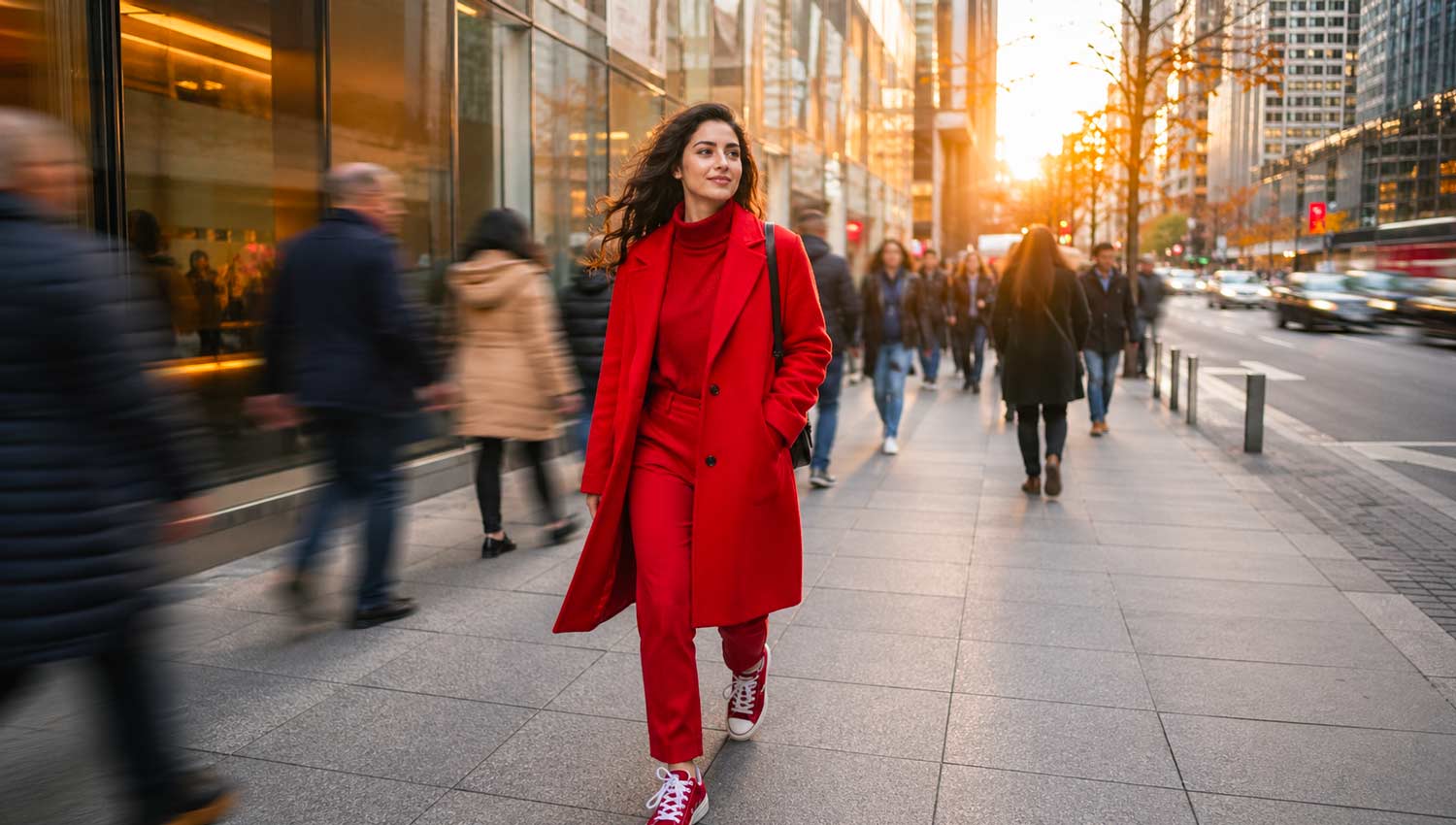 A young adult walking alone through a busy city street at golden hour, people blurred in motion around them while they remain in sharp focus, confident expression, casual stylish outfit, sunlight flaring behind buildings, cinematic depth of field, urban realism, natural lighting, candid moment, slight wind in hair, modern lifestyle photography