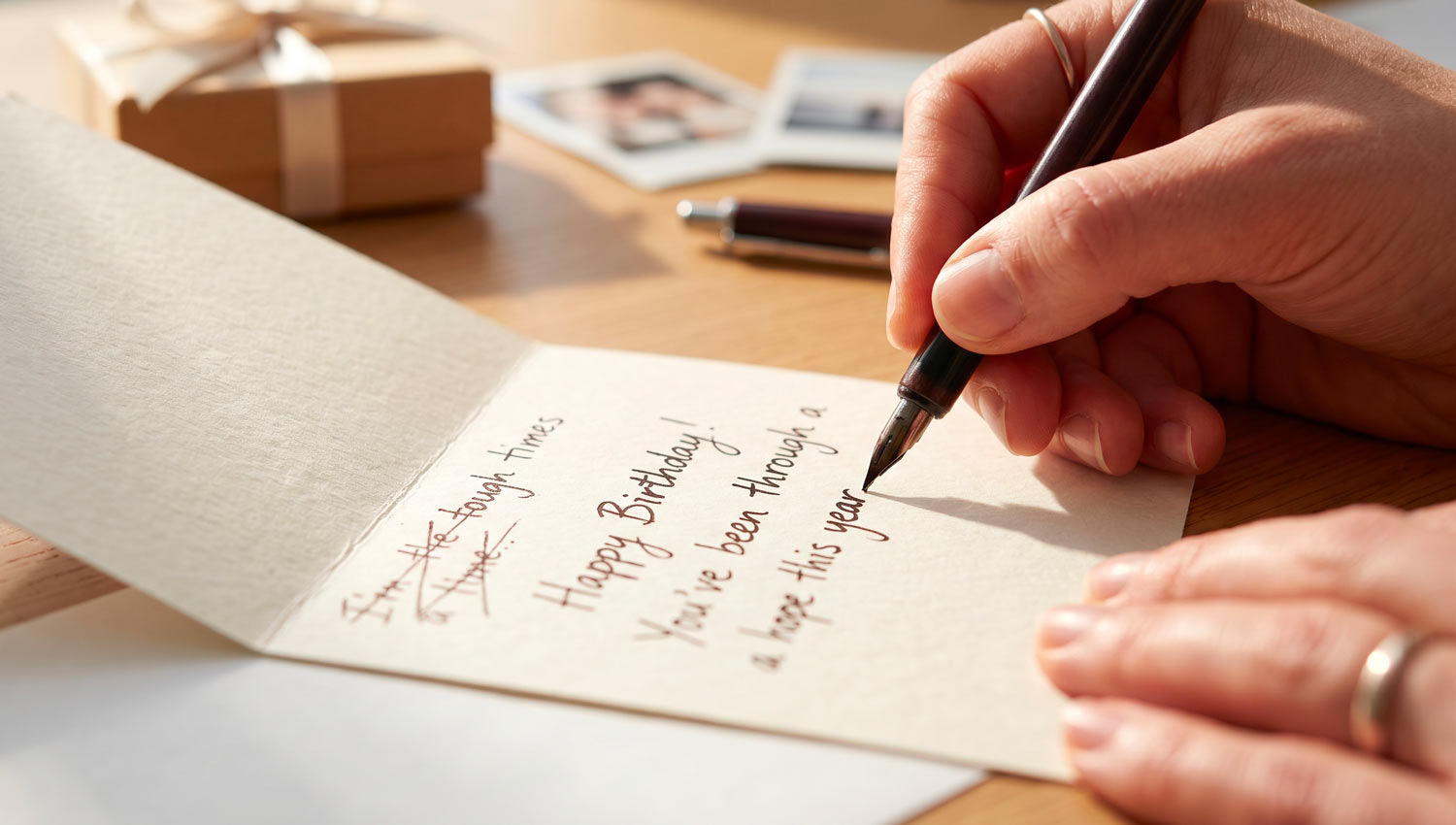 A close-up of hands writing a heartfelt birthday message on textured paper, with crossed-out words and edits visible, surrounded by personal items like photos, a pen, and a small gift box. Warm sunlight coming through a window, soft shadows, intimate and authentic atmosphere, high realism, macro photography style.