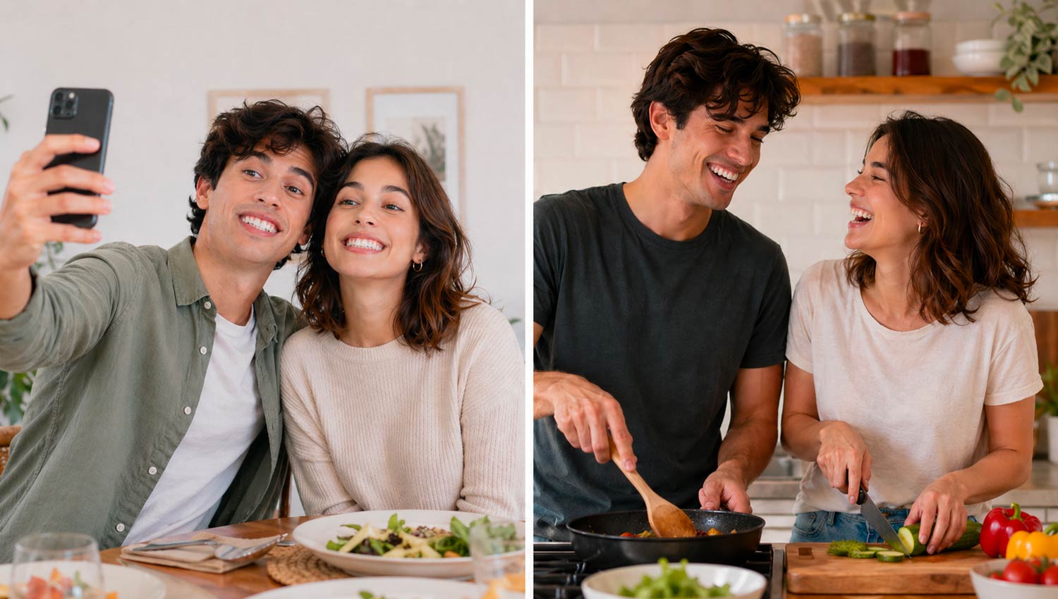 Split-scene realistic image: on one side, a couple posing stiffly for a selfie with exaggerated smiles and a phone held up; on the other side, the same couple laughing naturally while cooking together in a softly lit kitchen, authentic emotions vs staged expression, high detail, cinematic lighting
