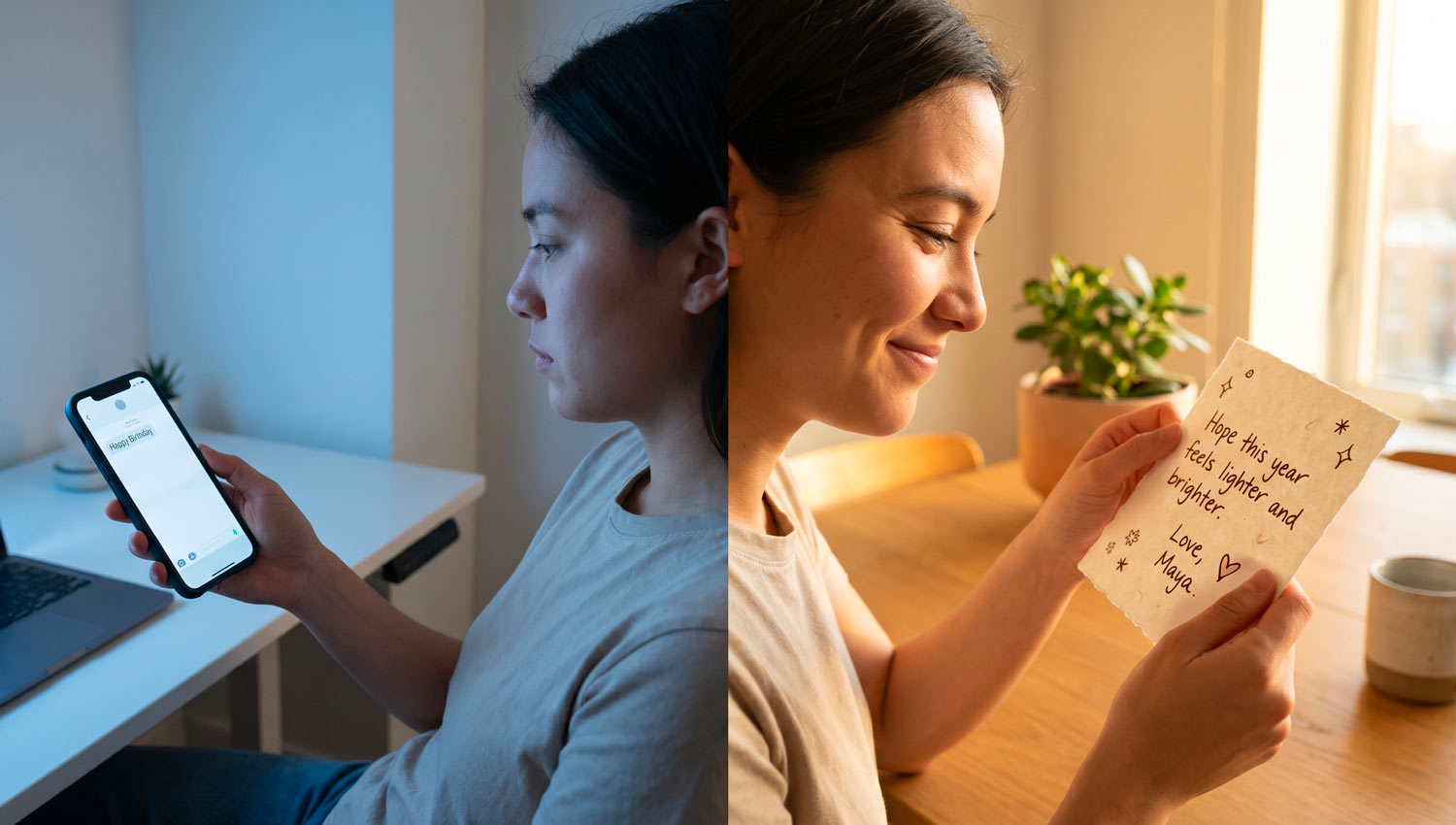 A side-by-side comparison: left side shows a robotic, minimal digital message on a screen with cold blue lighting; right side shows a handwritten birthday note with expressive handwriting, doodles, and warm golden lighting. A person reacts differently to each—neutral vs smiling. Ultra-realistic, contrast in mood and color grading, cinematic composition.