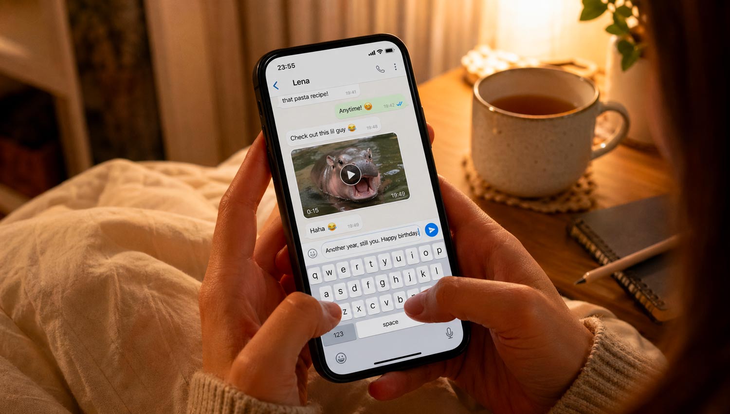 A realistic scene of a person typing a heartfelt birthday message on their smartphone at midnight, message app open with thoughtful text being written, warm indoor lighting, cup of tea or coffee nearby, relaxed cozy setting, modern bedroom or living space, focus on hands and screen, photorealistic, high resolution, natural colors