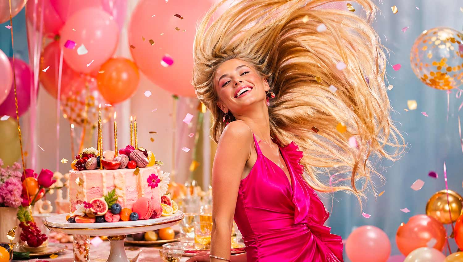 A person dramatically tossing their hair or posing exaggeratedly with a birthday cake, colorful balloons scattered around, confetti mid-air, playful expression, vibrant colors, slightly over-the-top composition, bright lighting, fun and theatrical but still realistic photography style
