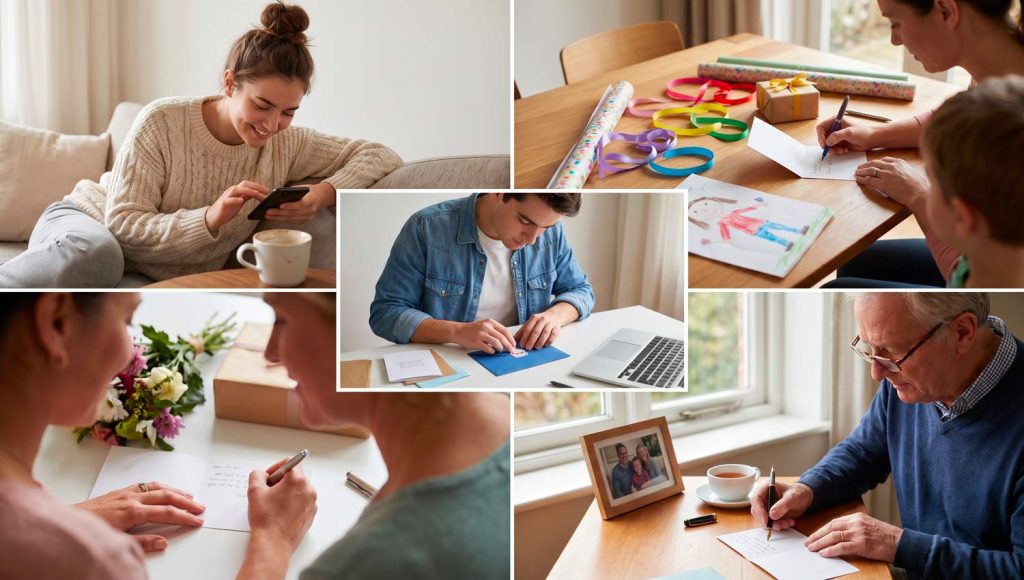 A collage-style scene showing different people writing or sending birthday messages: a young woman texting a friend, a parent writing a card for a child, a partner preparing a romantic note. Diverse ages and relationships, natural expressions, soft lighting, realistic lifestyle photography, emotional warmth and connection.