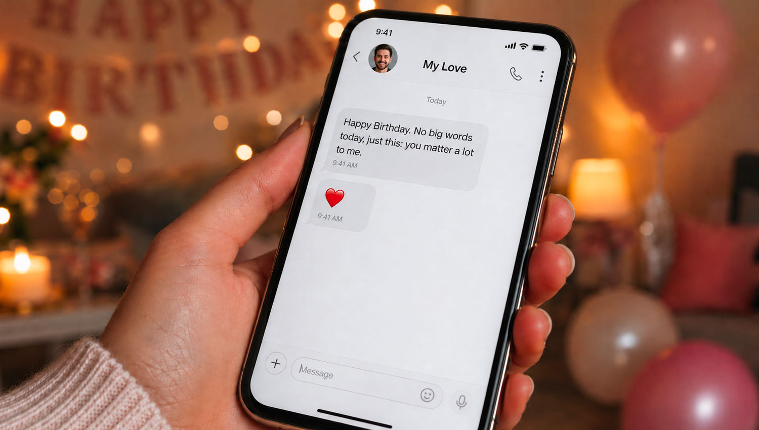 Close-up realistic shot of a phone screen displaying a warm, heartfelt birthday text message, soft ambient lighting, blurred background with subtle decorations like balloons or fairy lights, intimate and emotional tone, shallow depth of field, modern smartphone aesthetic