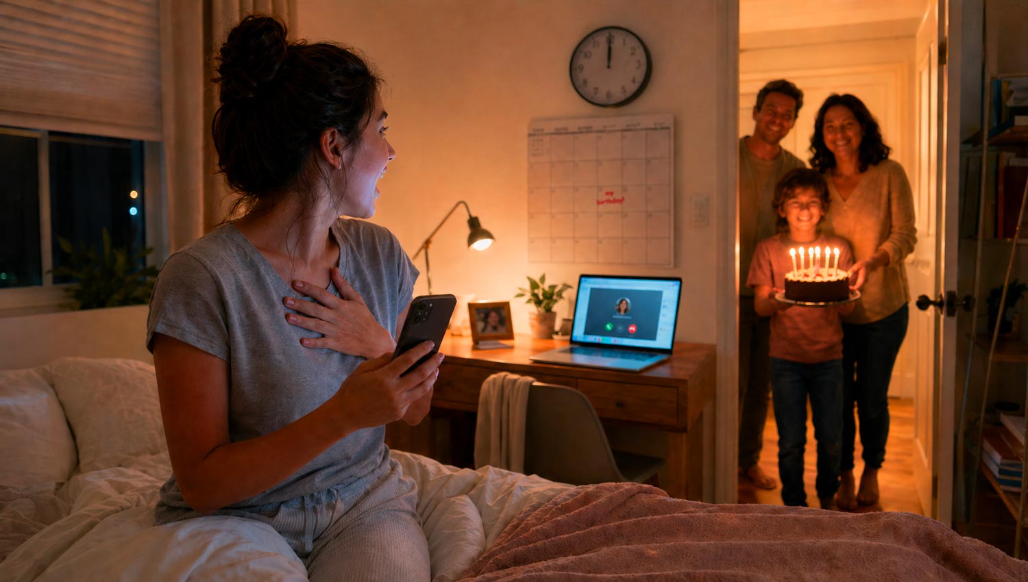 A vibrant realistic scene showing multiple creative birthday surprise methods at midnight: a laptop with a video call open, phone sending voice note, balloons and fairy lights arranged in a room, a surprise gift box on a table, digital and physical elements combined, joyful and festive atmosphere, cinematic composition, high detail, realistic lighting