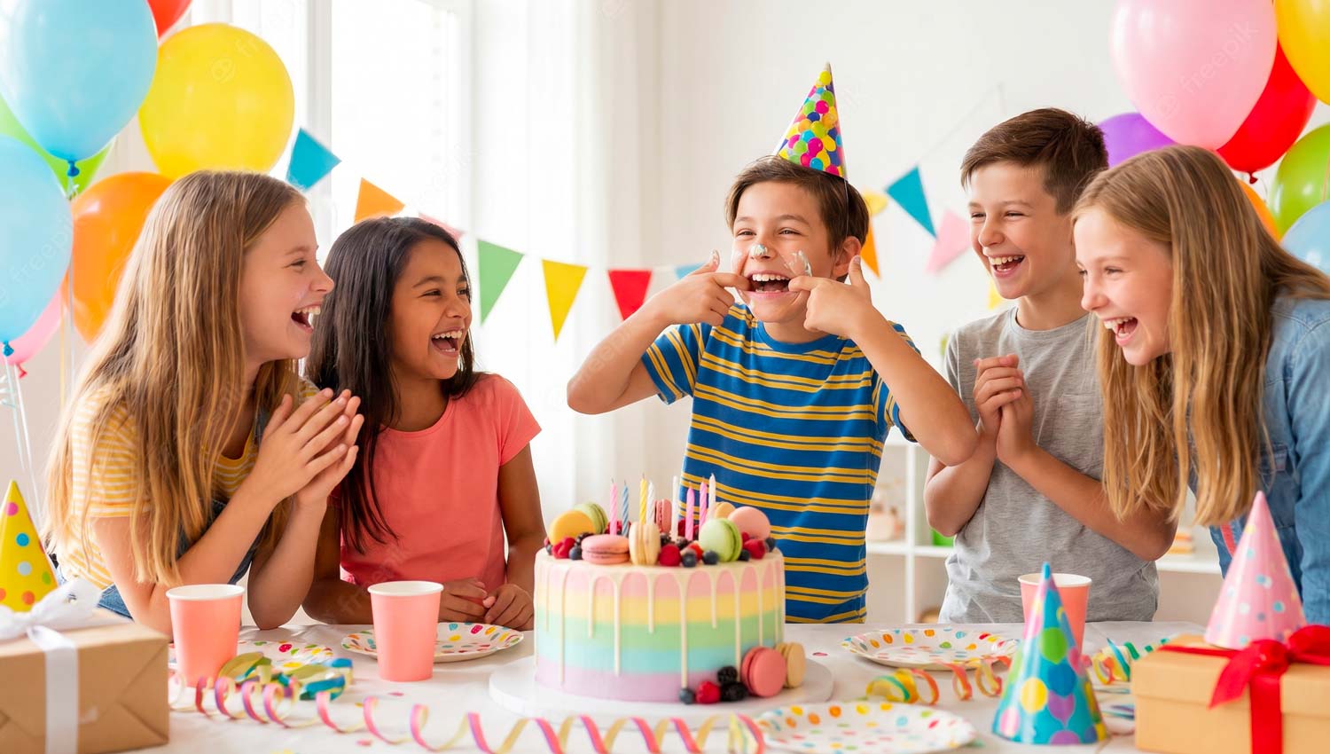 A group of friends laughing uncontrollably around a birthday cake, someone making a silly face while wearing a party hat, candid chaos, frosting slightly messy, natural indoor lighting, joyful energy, realistic expressions, documentary-style photography