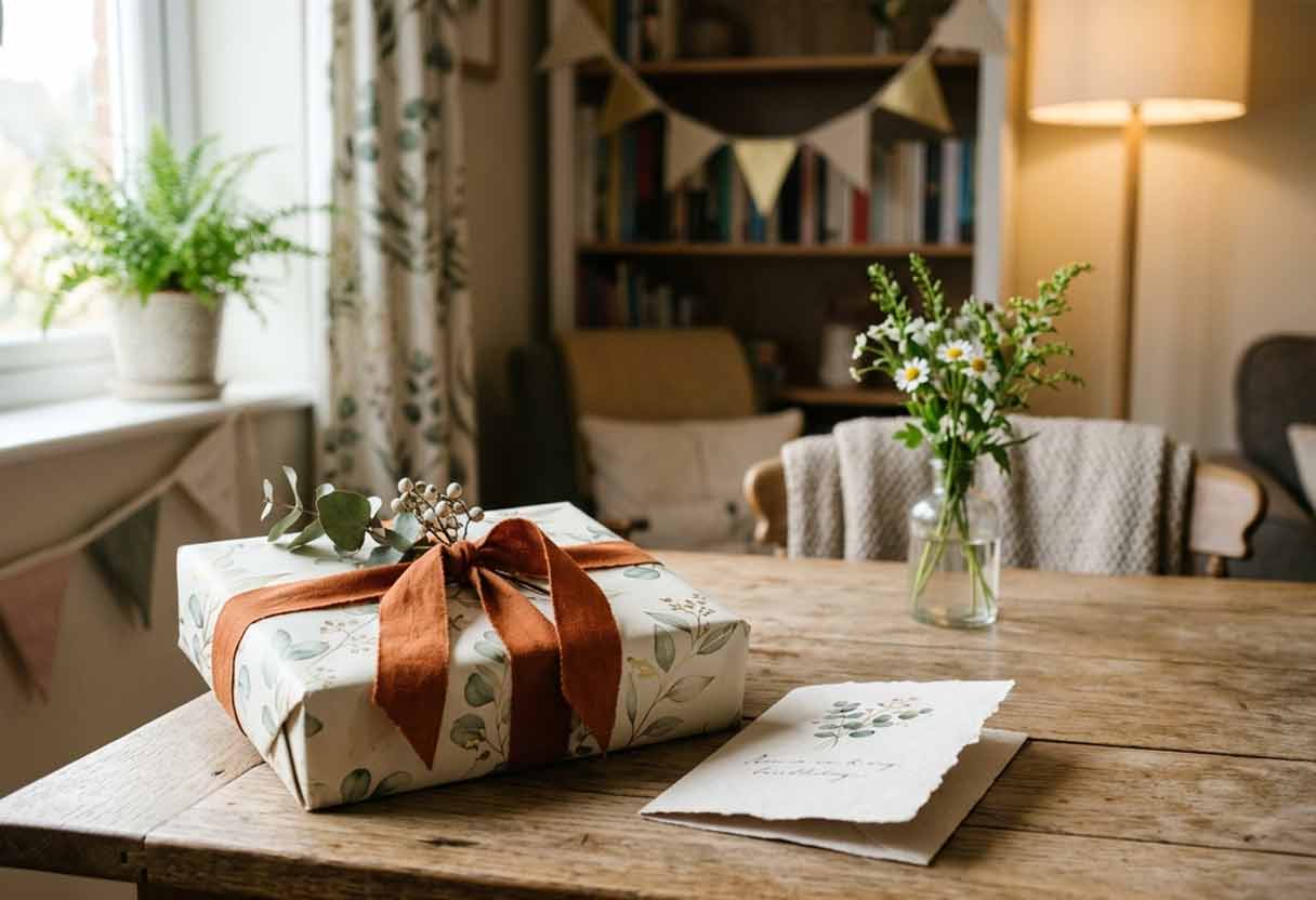 A beautifully wrapped birthday gift with a terracotta-orange ribbon and a handmade card on a wooden table in a cozy, sunlit living room.