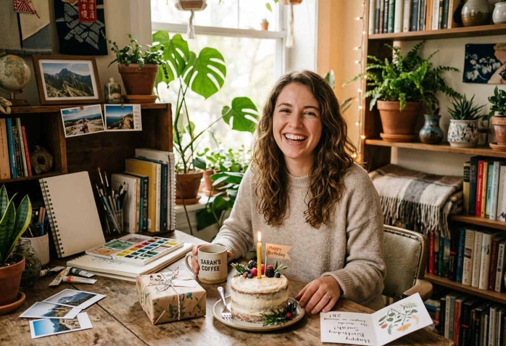 A smiling young woman celebrates her birthday at a desk filled with books, plants, and art supplies, featuring a small cake with a lit candle, a gift, and a card.