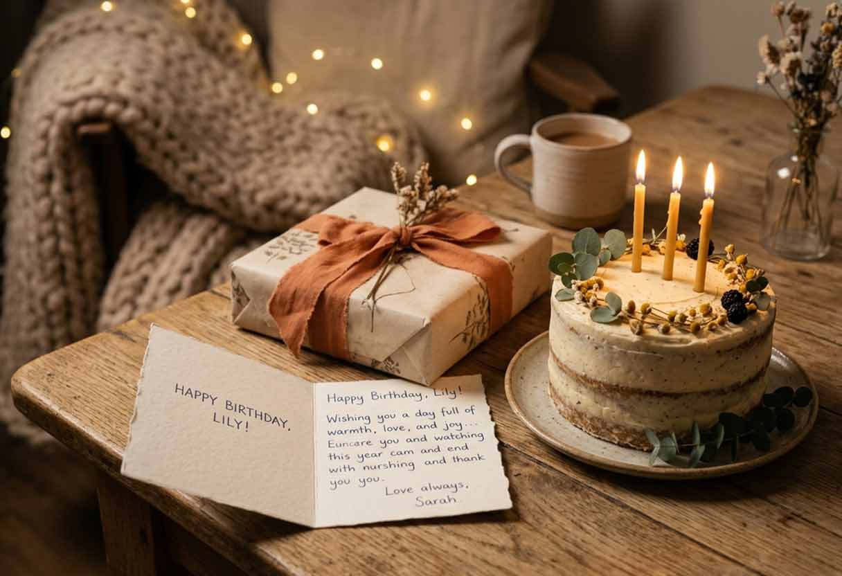 An open birthday card for Lily from Sarah sits on a wooden table alongside a wrapped gift, a mug, and a small cake with three lit candles in a cozy room with fairy lights.