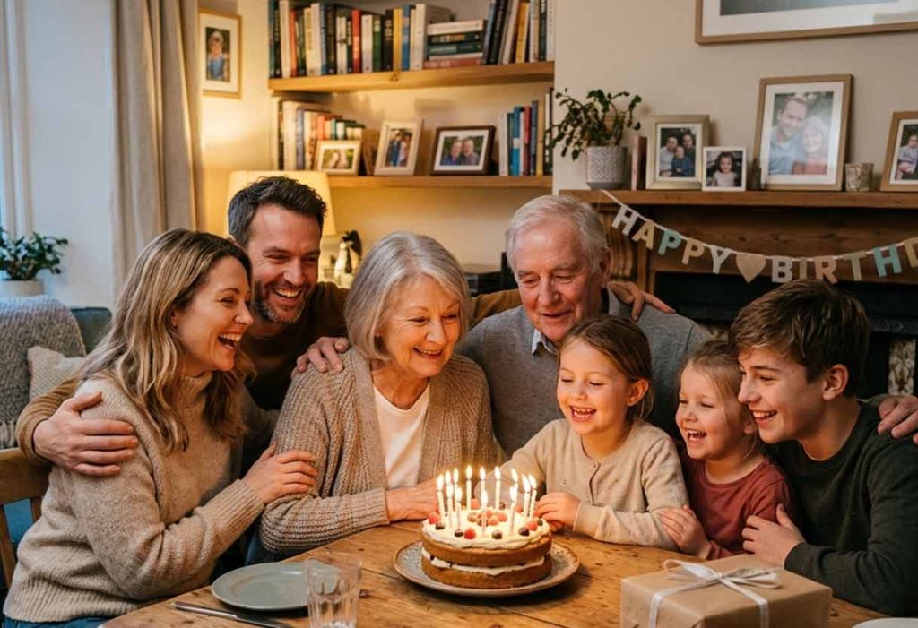A multi-generational family smiling and celebrating a birthday together around a candlelit cake in a cozy living room.