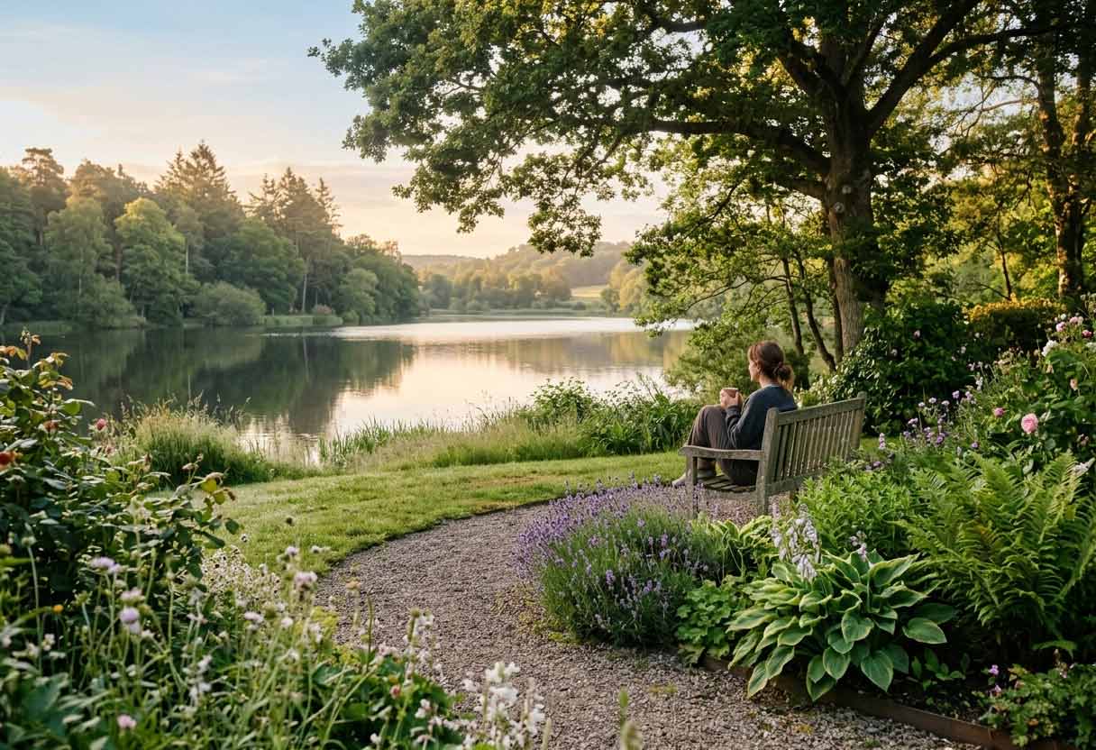 A person sits peacefully on a wooden bench in a serene garden next to a calm lake, surrounded by flowers and trees under a soft, natural light, symbolizing tranquility and quiet energy.