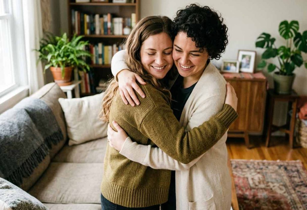 Two friends sharing a genuine hug and smiling in a cozy living room.