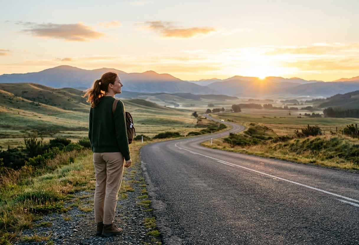 Person on an open road at sunrise looking at a mountain landscape, symbolizing new beginnings.