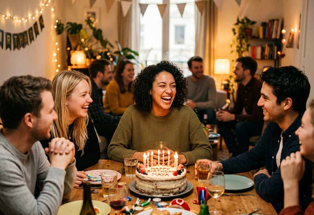 A woman with curly hair laughs joyfully at the center of a dining table surrounded by friends during a cozy indoor birthday party, with a lit cake in front of her.