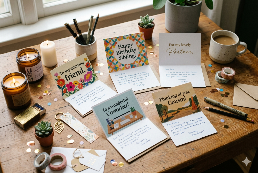 A realistic flat-lay image of several birthday cards labeled for different relationships such as friend, sibling, partner, coworker, and cousin, surrounded by pens, candles, small gifts, and confetti, clean cozy desk setup, soft natural light, thoughtful writing atmosphere, realistic editorial photography.