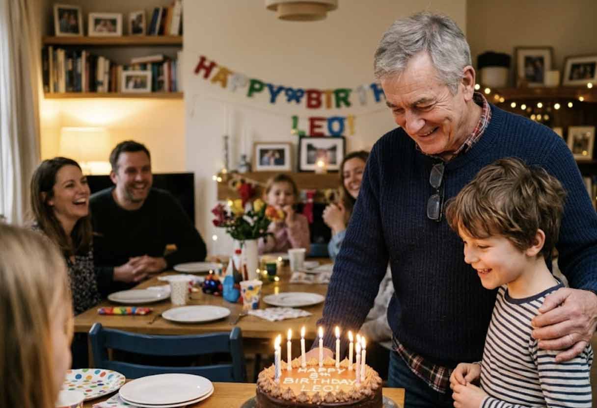 A proud older man and a young boy smiling together next to a glowing birthday cake in a warm family setting.
