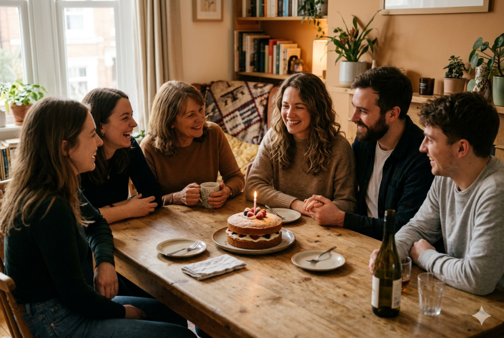 Group of family and friends celebrating a cozy birthday gathering with cake and candles.